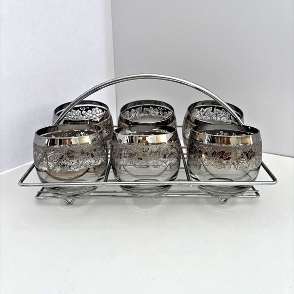 Frosted Grapes Platinum Band Roly Poly Glasses Caddy Vintage MCM Cocktail - Picture 1 of 8
